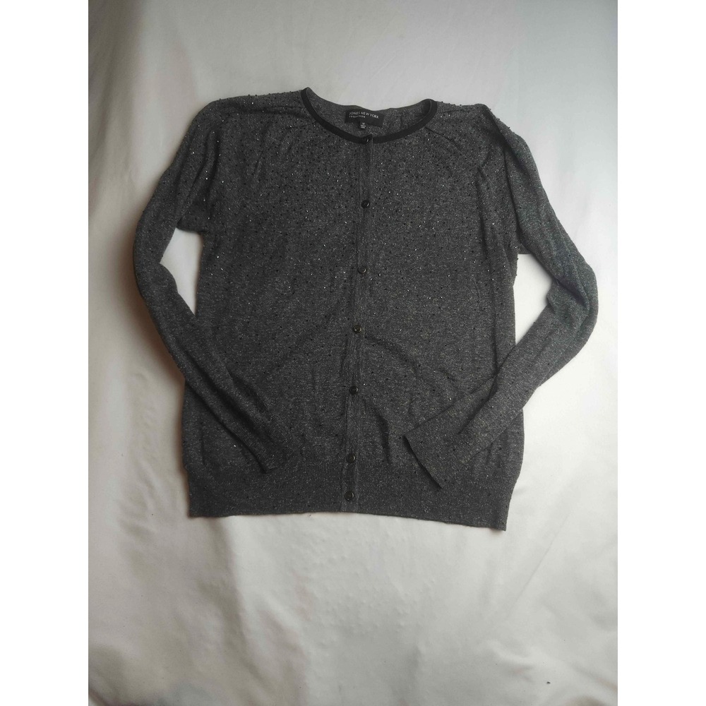 Jones New York Beaded Metallic Cardigan Sweater Gray Button Front Womens Medium